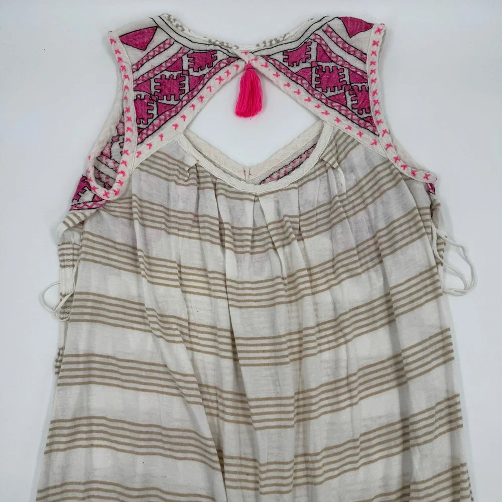 Free People Pink Embroidered Tassel Keyhole Striped Boho Tunic Top Mens M‎